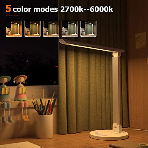 Lámpara de escritorio LED 12 W lámpara de mesa para oficina habitación 5 colores de luz y 7 niveles de brillo regulable, función de memoria USB para cargar smartphones, (blanco) Reacondicionado For Discount