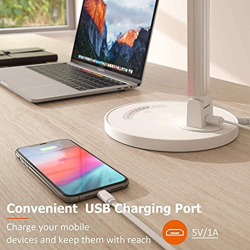 Lámpara de escritorio LED 12 W lámpara de mesa para oficina habitación 5 colores de luz y 7 niveles de brillo regulable, función de memoria USB para cargar smartphones, (blanco) Reacondicionado For Discount